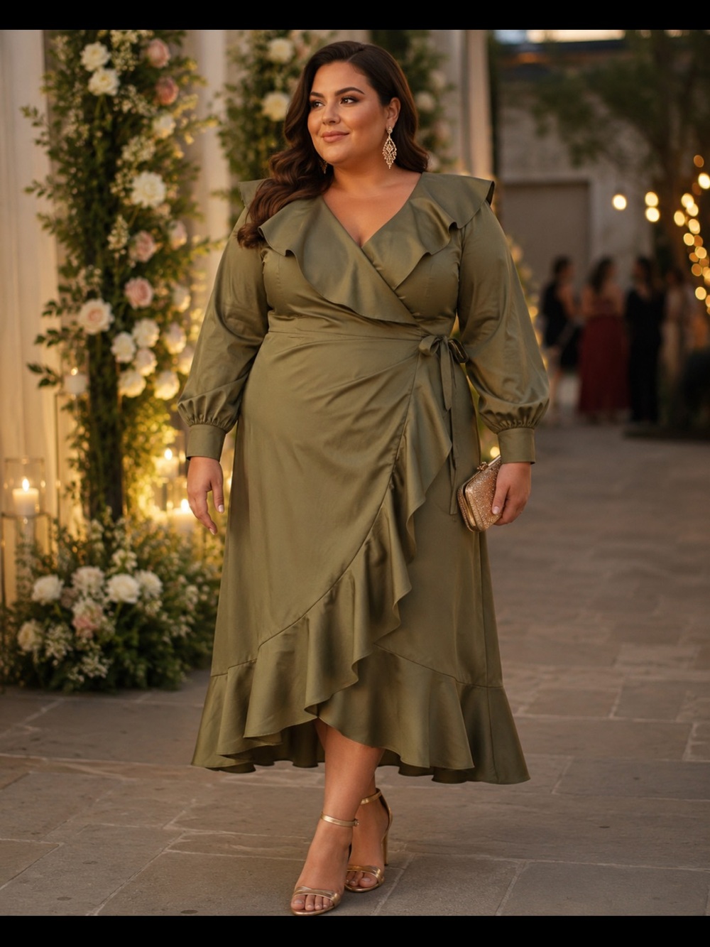 Lane Bryant Olive Green Ruffle Faux Wrap Dress from 2017